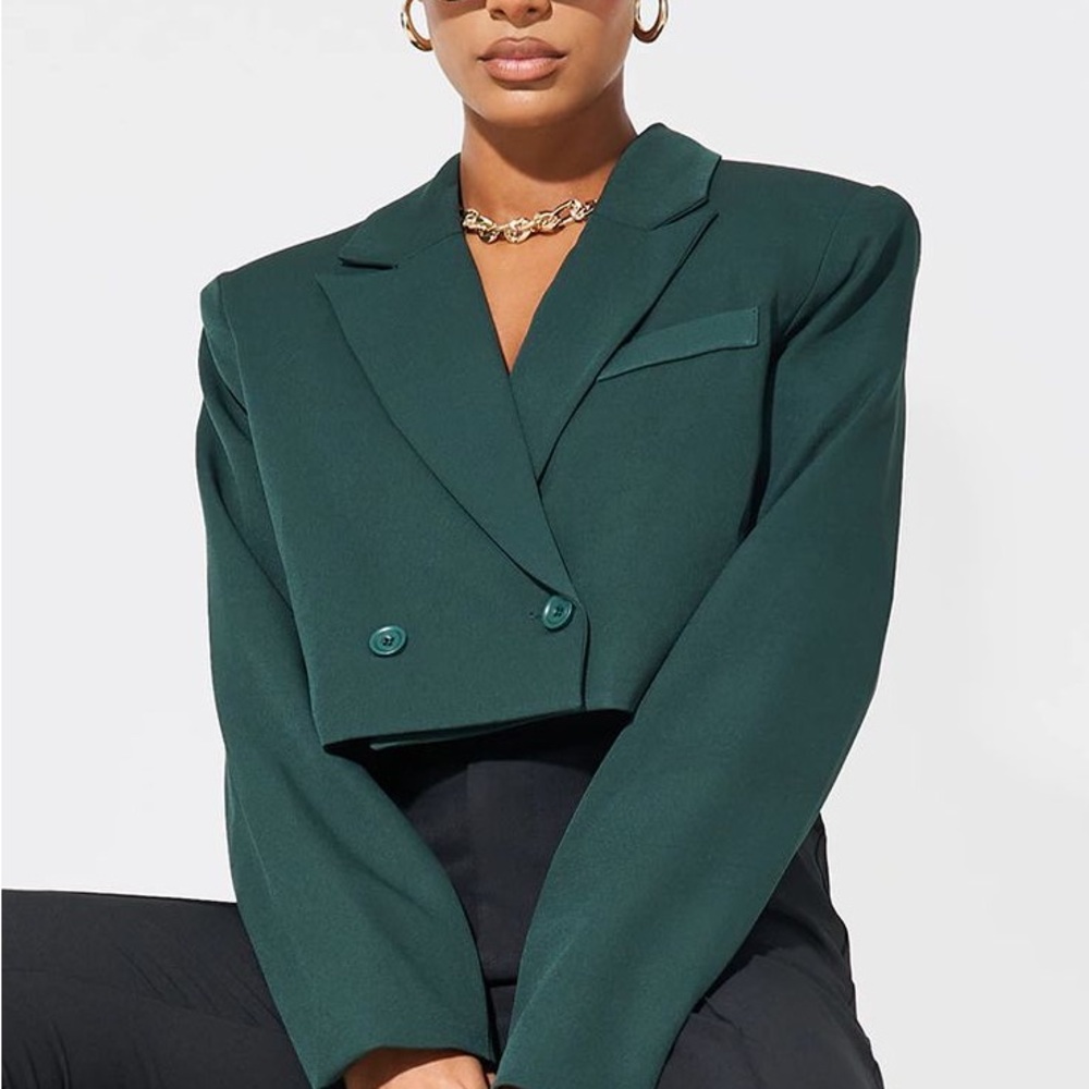 PrettyLittleThing Cropped Double-Breasted Blazer Jacket - Emerald Green